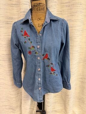 Vintage White Stag Denim Shirt with Red Cardinal Embroidery